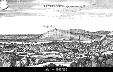 geography / travel, Germany, Heidelberg, city views / cityscapes, Southern view, Heiligenberg in background, engraving by Matthäus Merian from 'Topographia Palatinus Rheni', 1642, Artist's Copyright has not to be cleared Stock Photo