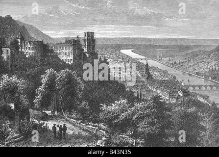 geography / travel, Germany, Heidelberg, city views / cityscapes, Eastern view towards castle and city, engraving, 1893, Stock Photo