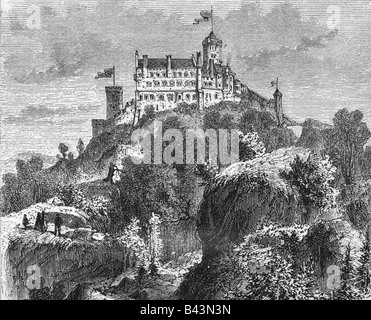 geography / travel, Germany, Eisenach, Wartburg Castle, exterior view, engraving, late 19th century, historic, historical, Central Europe, Thuringia, mountain, fortress, UNESCO World Cultural Heritage Site, UNESCO World Cultural Heritage Site / Sites, Stock Photo