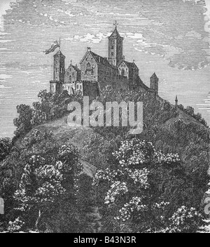 geography / travel, Germany, Eisenach, Wartburg Castle, exterior view, engraving, late 19th century, historic, historical, Central Europe, Thuringia, mountain, fortress, UNESCO World Cultural Heritage Site, UNESCO World Cultural Heritage Site / Sites, Stock Photo