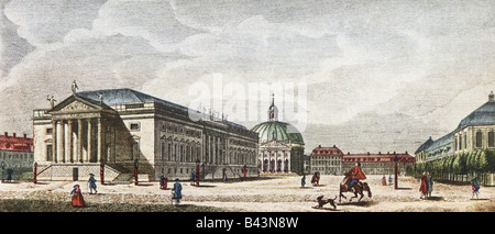 geography / travel, Germany, Berlin, buildings, opera, royal opera house, built by Georg von Knobelsdorff, exterior view, coloured engraving, circa 1775, Stock Photo