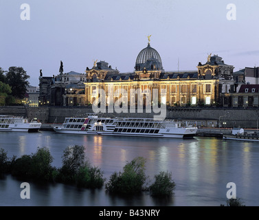 geography / travel, Germany, Saxony, Dresden, buildings, architecture,  Akademie der Bildenden Künste, academy of fine arts, exterior view, view from the Augustusbrücke via the Elbe, night shot, , Additional-Rights-Clearance-Info-Not-Available Stock Photo