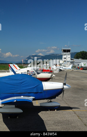Privates aircrafts on the parking of Chambery airport   Chambery airport - Savoie - France - Europe Stock Photo