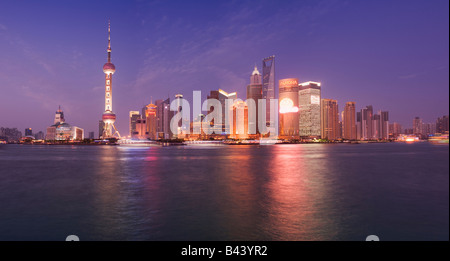 China Shanghai Financial skyline viewed over the Huanngpu river from the Bund Stock Photo