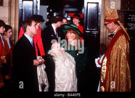 Christening of Princess Beatrice December 1988 The Duke and Duchess of York with their daughter ceremony at St James s Palace Stock Photo