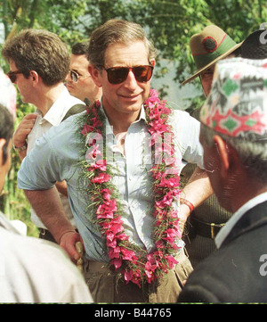 Prince Charles speaks to locals in Himalayas during visit to Nepal February 1998 Stock Photo