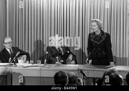 Margaret Thatcher and Edward Heath February 1974 at at press conference at the Conservative head quarters Stock Photo