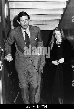 Prince Charles with friend Penelope Eastwood leaving a West End Theatre March 1977 Stock Photo