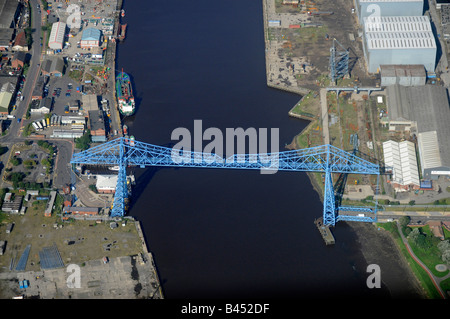 River Tees and the Transporter Bridge, from the air, Teeside, Northern England Stock Photo