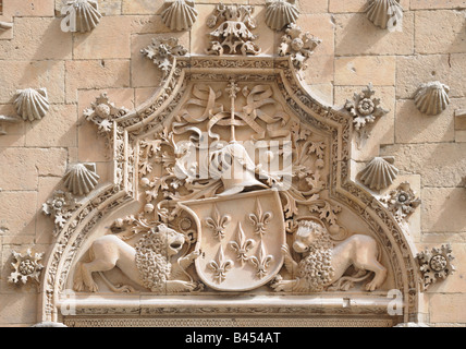 Detail of Coat of Arms and stone carving over the door of House of Shells Casa de las Conchas Salamanca Spain Stock Photo