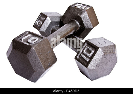 Two ten pound dumbbells isolated on white Stock Photo