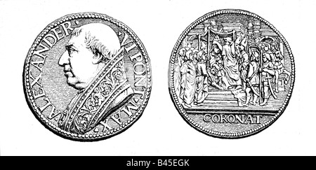 Alexander VI (Rodrigo de Borja) 1.1.1431 - 18.8.1503, Pope 11.8.1492 - 1503, portrait, side view, coin, wood engraving after coin of commemoration of his coronation, Stock Photo