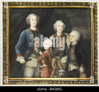 Friedrich II 'the Great', 24.1.1712 - 17.6.1786, King of Prussia 31.5.1740 - 17.6.1786, with brothers Ferdinand, August Wilhelm & Heinrich, miniature on ivory by E. Rabe, after painting by Carlo Francesco Rusca 1737, Germany, 18th century, Hohenzollern, , Stock Photo