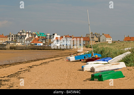 Leisure Craft resting at low tide on the sands at Elie Harbour Kingdom of Fife's East Neuk Stock Photo