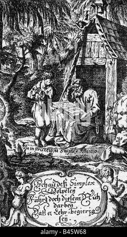 Grimmelshausen, Hans Jakob Christoffel von, um 1622 - 17.8.1676, German author/writer, works, novel, 'Der abenteuerliche Simplicissimus', 1668, the hermit teaches Simplicius, engraving, Nuremberg 1684, , Artist's Copyright has not to be cleared Stock Photo