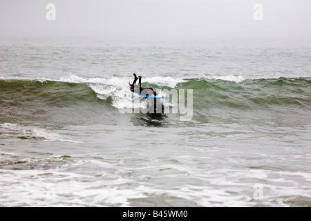 Surfing waves of Far Rockaway Beach during very foggy day New York USA Stock Photo