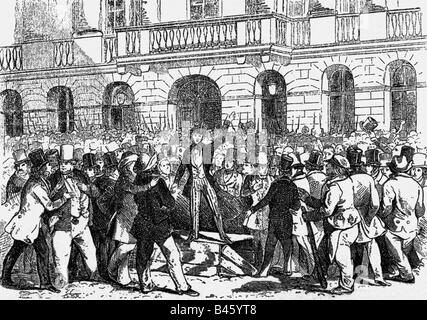 events, revolutions 1848 - 1849, Austria, March Revolution, orator in front of the Estates building, Vienna, 13.3.1848, wood engraving, 19th century, revolutionaries, people, Austrian Empire, historic, historical, Stock Photo