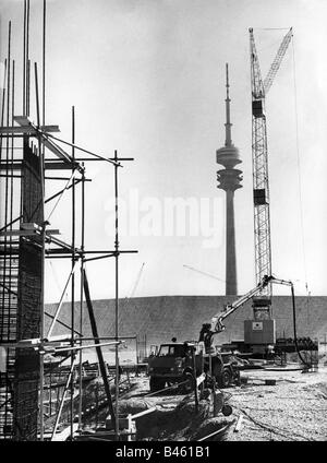 geography/travel, Germany, Munich, Olympiapark, construction 1968 - 1972, Olympic Stadium, construction site, 1969, crane, Olympic Tower, Olympic Games, Oberwiesenfeld, Bavaria, Europe, 20th century, historic, historical, people, 1960s, Stock Photo