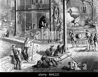 alcohol, beer, brewery, interior view, brewhouse, London, wood engraving, 19th century, vat, mash, worker, Great Britain, historic, historical, people, Stock Photo