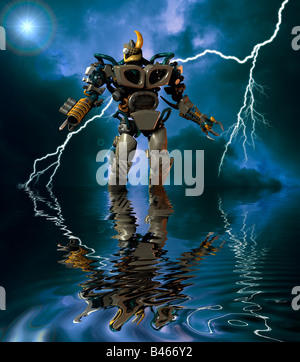 powerful 3D computer generated robotic cyborg alien wading in lake during lightning storm Stock Photo