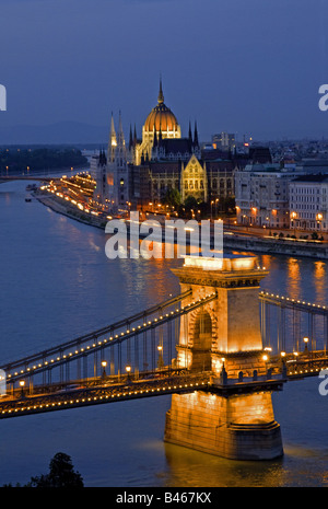 Budapest Chain Bridge over Danube with Parliament in background on Pest side Stock Photo