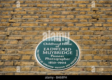 plaque marking the childood home of photographic pioneer eadweard muybridge, in kingston upon thames, surrey, england Stock Photo
