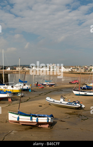 Leisure Craft resting at low tide on the sands at Elie Harbour Kingdom of Fife's East Neuk Stock Photo