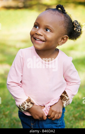 Image of african american happy girl laughing and posing with hands ...