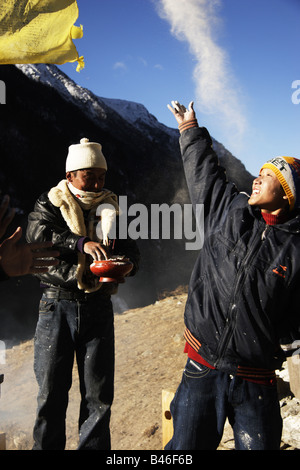 Ethnic Tibetans in Nepal celebrate Losar, the Tibetan New year, in Langtang Stock Photo