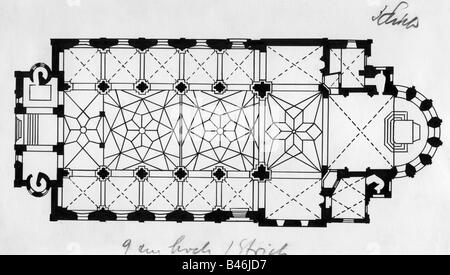 architecture, floor plans, Saint Castor, Koböenz, built 817 - 836, Stock Photo