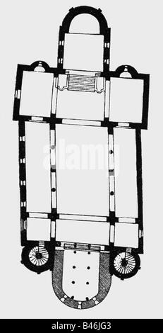 architecture, floor plans, Saint Cyriacus Abbey Church, Gernrode, built 10th century, wood engraving, 19th century, Stock Photo