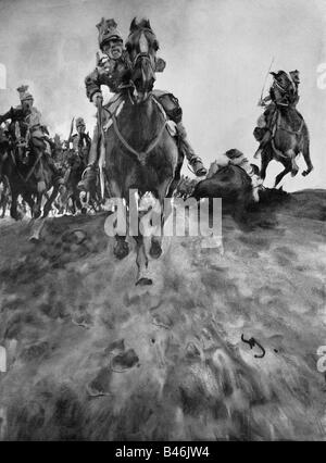 events, First World War / WWI, propaganda, 'Ulanen auf der Verfolgung' (Uhlans in a pursuit), based on a painting by Wilhelm Schreuer (1866 - 1933), Germany, 1914 - 1918, Stock Photo
