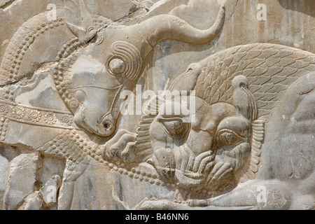Symbol of Naruz or the Persian New Year in a Stone Carved Relief at the Ruins of Persepolis in Iran Stock Photo