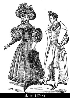 fashion, 19th century, ladies and mens fashion, Austria, wood engraving, Vienna, 1831, Stock Photo