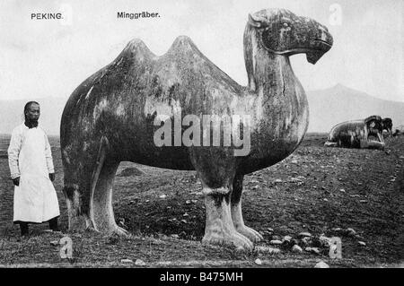 geography / travel, China, Beijing, Ming Dynasty Tombs, camel, picture postcard, circa 1900, Stock Photo