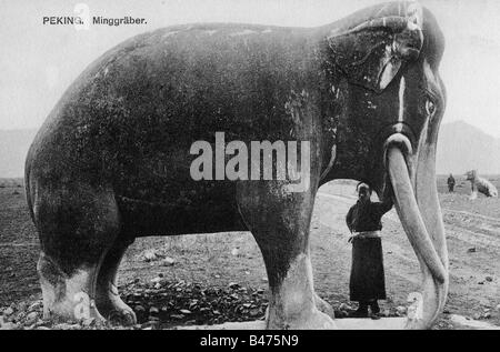 geography / travel, China, Beijing, Ming Dynasty Tombs, elephant, picture postcard, circa 1900, Stock Photo