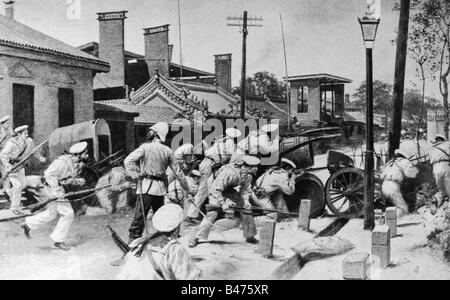 geography / travel, China, politics, Boxer Rebellion, Russian marines repelling Boxer attack in the embassy district of Beijing, 1900, Stock Photo