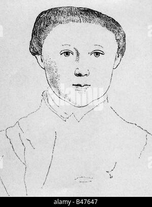 Edward VI, 12.10.1537 - 6.7.1553, King of England 25.1.1547 - 6.7.1553, portrait, als child, drawing by Hans Holbein the Younger, circa 1542, Stock Photo