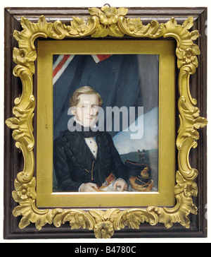 A portrait of an artillery officer, England, middle of the 19th century. An ivory miniature, of an officer in overcoat in front of the regimental colours with a cannon and crew in the background. In a molded frame with lavish, gilded floral overlay. Plate dimensions ca 10 x 12 cm. Framed dimensions 15.5 x 18 cm. Extraordinarily detailed and precisely painted portrait. fine arts, people, 19th century, painting, paintings, fine arts, art, illustration, man, men, male, Artist's Copyright has not to be cleared Stock Photo