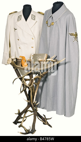 Hermann Göring - a Reichsmarschall's uniform cloak., Light grey cloth, the broad collar has white piping and fire gilded cloak fastenings. The great golden Reichsmarschall's eagle is embroidered in gold lace on the left arm. White silk interior lining. No tailor's label. Very superior custom tailoring of the highest quality. Extraordinarily good state of preservation. The cloak corresponds to that worn by Hermann Göring in 1940 for the official Reich Marshal's photographs by Roehr. This also comes from Mauterndorf Castle, Göring's family seat, and was taken as , Stock Photo