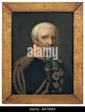 Gebhard Leberecht von Blücher, Count of Wahlstatt, a portrait, 1st quarter of the 19th century Oil on wood. The field marshal wearing a uniform adorned with all his military decorations and facing the observer. In a beautiful, contemporary frame. Size of the picture 44 x 60 cm, framed 57 x 72 cm. An affectionate portrait of one of the most famous field marshals in German military history. The naive painting style vividly illustrates the strong admiration for this man, which was already shown to him in his lifetime. people, 19th century, Prussian, Prussia, Germa, Stock Photo
