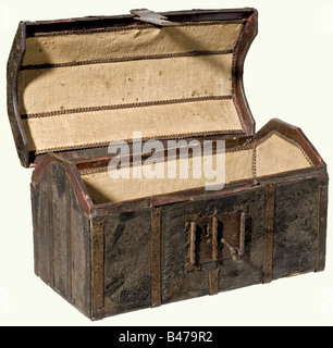 A late Gothic travelling chest, France, circa 1500. A small rectangular chest with an arched lid of leather covered wood with iron strap fittings. The lid has a folding handle, a frontal lock with hasp, key included. The leather cover has finely tooled Gothic ornamentation. The front of the lid bears the lightly coloured inscription "IRESU" and "MARIA". The interior linen lining has been renewed. Dimensions 29 x 50 x 28 cm. historic, historical, 16th century, handicrafts, handcraft, craft, object, objects, stills, clipping, clippings, cut out, cut-out, cut-outs, Stock Photo