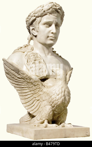 'The Emperor Napoleon Apotheosized', after Thorvaldsen A monumental white marble bust of the Emperor, borne by a Roman eagle, with a laurel wreath around his head and the scaled shoulder strap of a cuirass over the right shoulder. Height 80 cm, weight ca. 100 kg. The original bust is in the Thorvaldsen Museum in Copenhagen, a reproduction in the Palais de Fontainebleau, another two copies made of biscuit displayed in Malmaison and Arenberg. In 2003, a comparable bust rose to EUR 17.000 in Paris. Bertel Thorvaldsen (1770 - 1844) was the most important sculptor o, Stock Photo