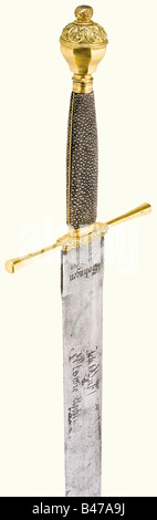 An executioner's sword, Solingen, dated 1698 Flat, double-edged blade with a blunt, lightly rounded point. The lower third is somewhat pitted. There is an etched saying on one side, 'Ich Muß straffen daß verbrechen - Als wie Recht und Richter sprechen.' (I have to punish crime as the law and judge tell me.) On the opposite side there is a city coat of arms with laurel and oak branches, probably a later etching from around 1850. 'Solingen Anno 1698' is inscribed on the ricasso, with a copper mark and the monogram 'RL' on the other side, separated by an orb. Fire, Stock Photo