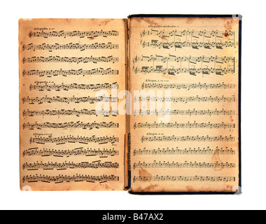 Worn Tattered Distressed Vintage Book With Music Printed on the Pages Stock Photo