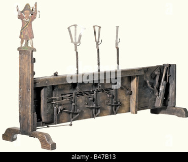 A score board for a festive target competition, Southern German, circa 1840. A wooden, vertical frame with an elaborate iron mechanism for indicating scores. Different score indicators may be released by cord or by hand, on the bottom of the frame, to display the Roman numerals I - III, in order. After reaching a certain score or hitting a special target, a painted figure (Casper) also appears and a percussion-ignited salute is fired at the same time. Height 83 cm. Length 142 cm. historic, historical, 19th century, handicrafts, handcraft, craft, object, objects, Stock Photo