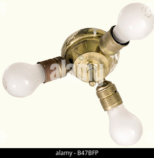 A ceiling lamp, from the "Wachenfeld" Chalet Polished brass, with milky glass. Round shape, four curved ceiling brackets. Ball shaped screw fasteners for the glass globe. Complete with sockets for three light bulbs and screw fixtures. Diameter of the globe 46 cm. Total diameter 58 cm. Mounted on a wooden plate. Framed. Heinrich Hoffmann - Verlag Nationsozialisticher Bilder - (National Socialist Picture Publisher) - Book Retail Catalog, pictures 891 and 894 of Wintergarten, where the ceiling lamp may be clearly seen. Comes from the first phase of the reconstruct, Stock Photo