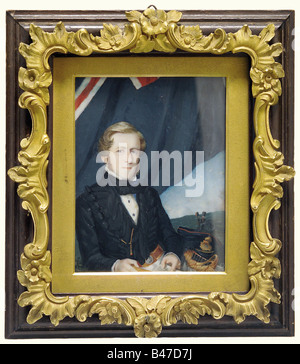 A portrait of an artillery officer, England, middle of the 19th century. An ivory miniature, of an officer in overcoat in front of the regimental colours with a cannon and crew in the background. In a molded frame with lavish, gilded floral overlay. Plate dimensions ca 10 x 12 cm. Framed dimensions 15.5 x 18 cm. Extraordinarily detailed and precisely painted portrait. fine arts, people, 19th century, painting, paintings, fine arts, art, illustration, object, objects, stills, clipping, clippings, cut out, cut-out, cut-outs, man, men, male, Artist's Copyright has not to be cleared Stock Photo