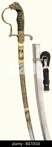 A presentation sabre., Blade (stained) with a reinforced back of forged Damascus steel with yelmen. The upper half has gilded etched decoration and the dedication cartouche 'Becker, Engelhard, Schmidt 4/27, Ritzel, Loesch, Stuber 5/27 i/l Kameraden Schobess z. frdl. Erg. an den 24/3 1901' On the reverse side, 'Zieh mich nicht ohne Grund - Stecke mich nicht ein ohne Ehre' (Do not draw me without reason - Do not sheathe me without honour) on a blued background. Maker's mark, 'WKC'. Richly decorated knucklebow hilt with remnants of gilding. The languet bears cross, Stock Photo