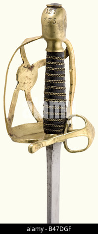 A model 1747 broadsword., Heavy single-edged blade with an eagle mark on the obverse side. Open work brass knucklebow hilt (one bar restored) with '13:335' on the reverse side. Stamped eagle head pommel. Leather grip cover wound with brass wire. Length 96.5 cm. historic, historical, 18th century, Prussian, Prussia, German, Germany, militaria, military, object, objects, stills, clipping, clippings, cut out, cut-out, cut-outs, thrusting, thrustings, blade, blades, melee weapon, melee weapons, hand weapon, hand weapons, handheld, weapon, arms, weapons, arms, Stock Photo